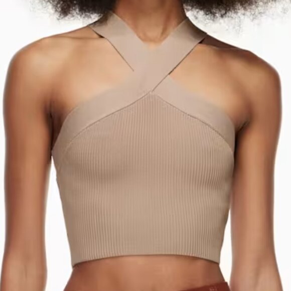Aritzia Babaton Sculpt Knit Criss Cross Halter Cropped Tank Taupe Courant L - Picture 1 of 7